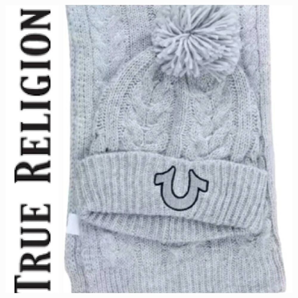 True Religion‎ Horseshoe Logo Cuff Pom Beanie & Knit Scarf